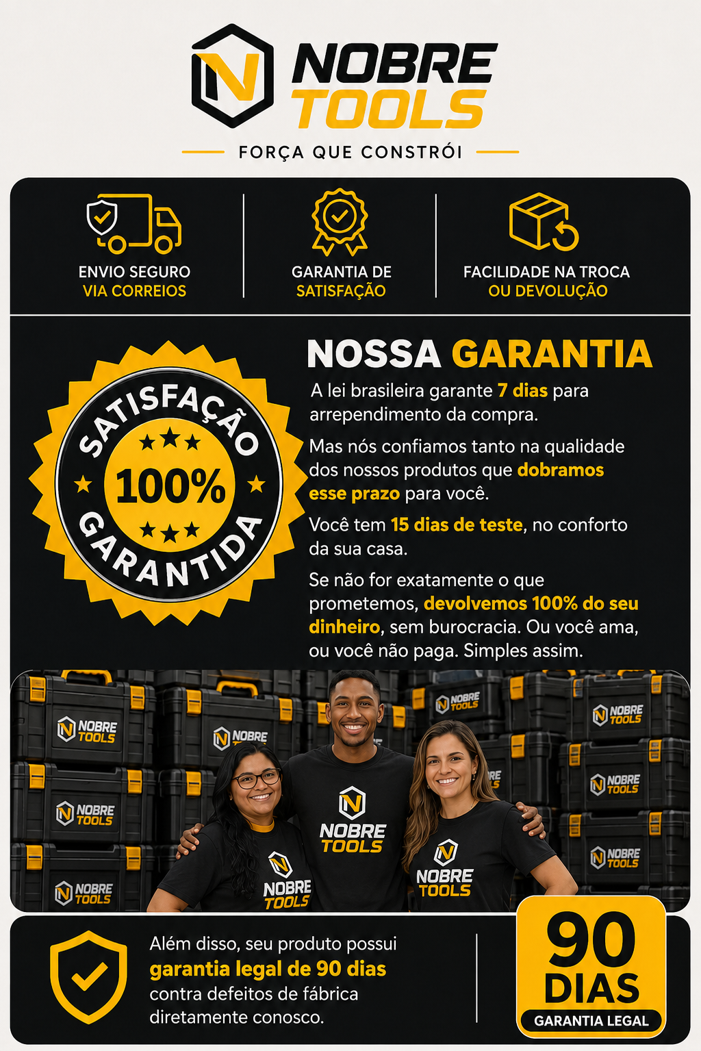 Garantia NobreTools: envio seguro, 15 dias de teste, satisfação 100% garantida e 90 dias de garantia legal