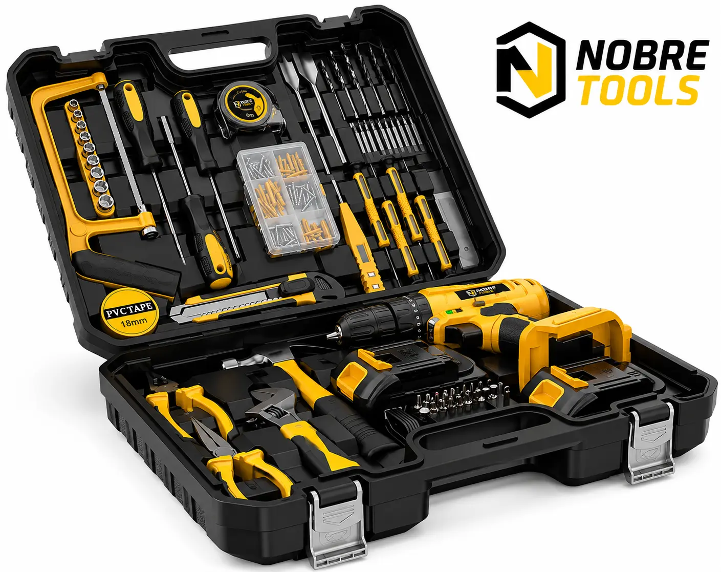 Maleta NobreTools aberta com a furadeira e todas as ferramentas organizadas