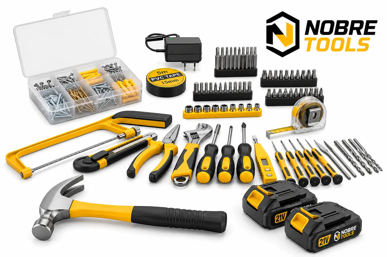 Todos os acessórios do kit NobreTools: bits, brocas, soquetes, martelo, trena e mais