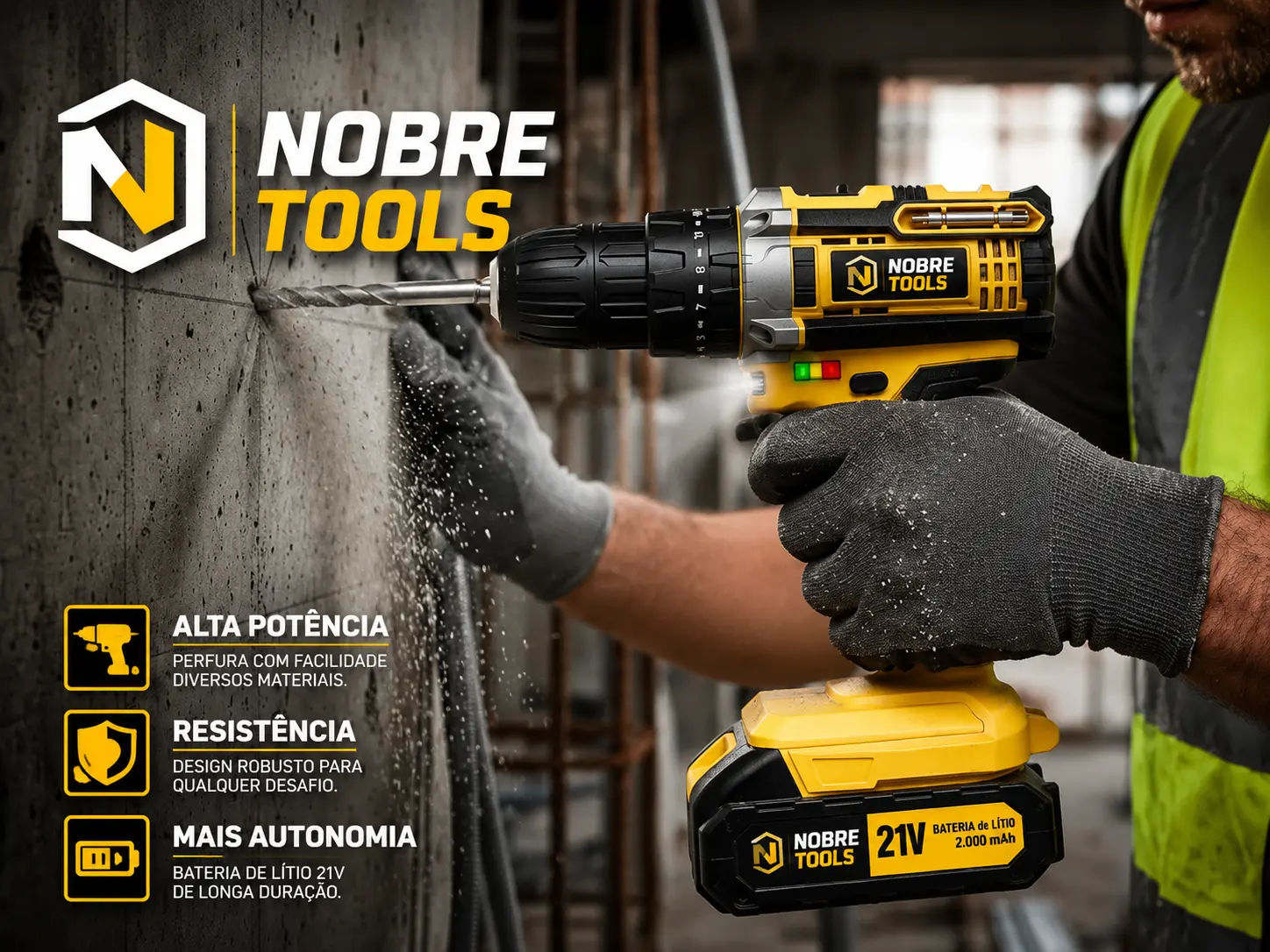 Furadeira de impacto NobreTools 21V perfurando parede de concreto