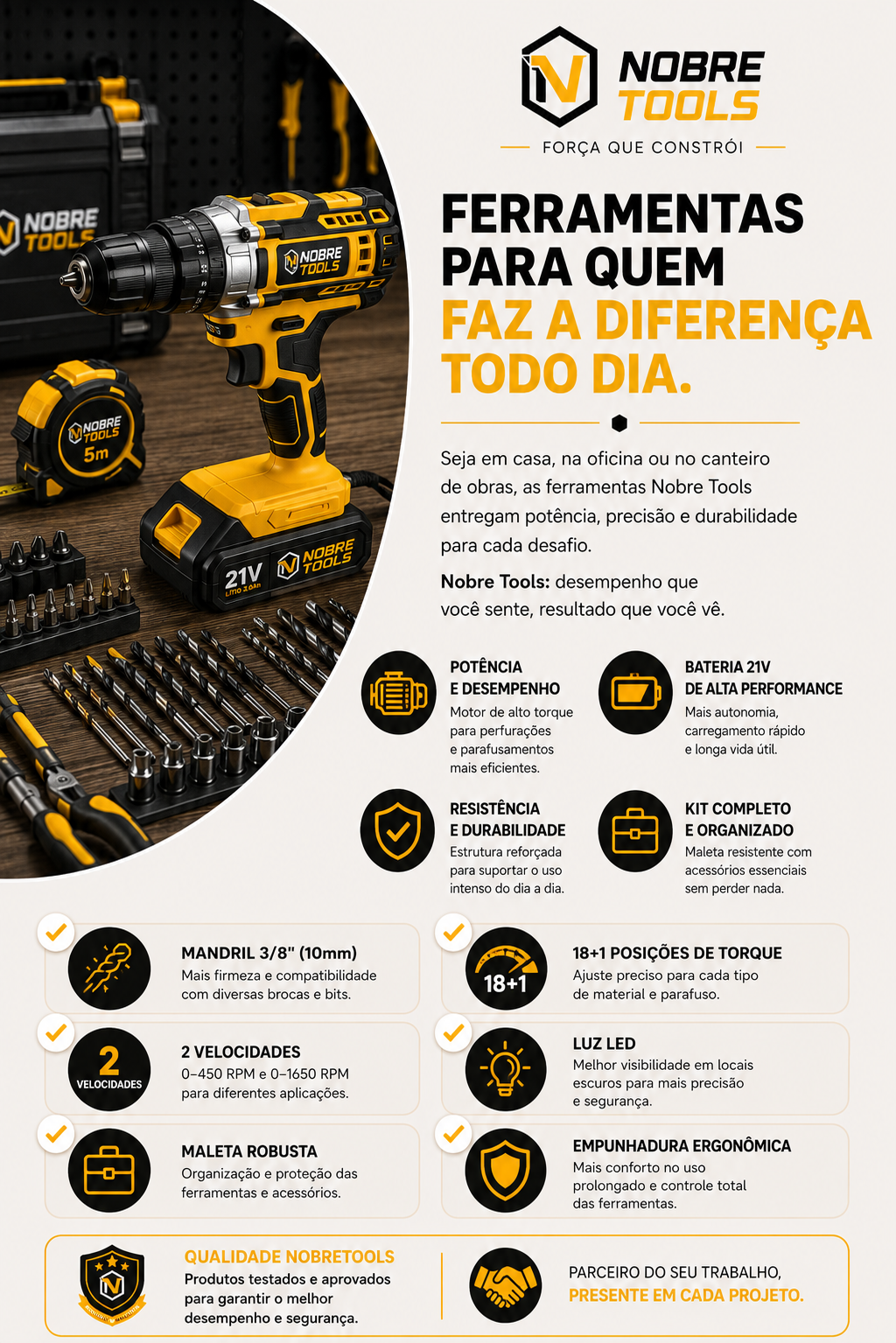 Características da furadeira NobreTools 21V: mandril 3/8", 18+1 posições de torque, 2 velocidades, luz LED, maleta robusta e empunhadura ergonômica
