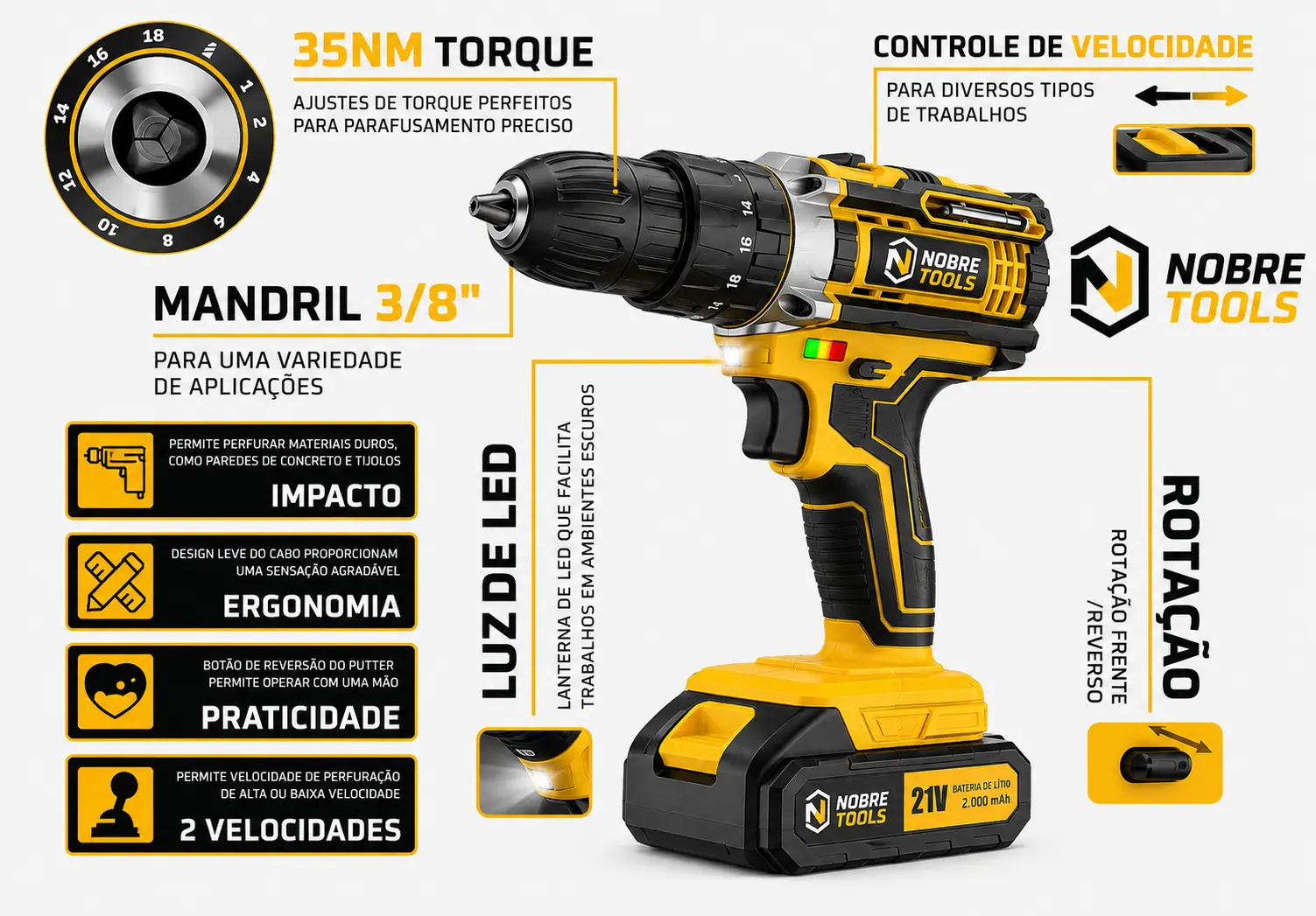 Detalhes técnicos da furadeira NobreTools: 35 Nm de torque, mandril 3/8", 2 velocidades