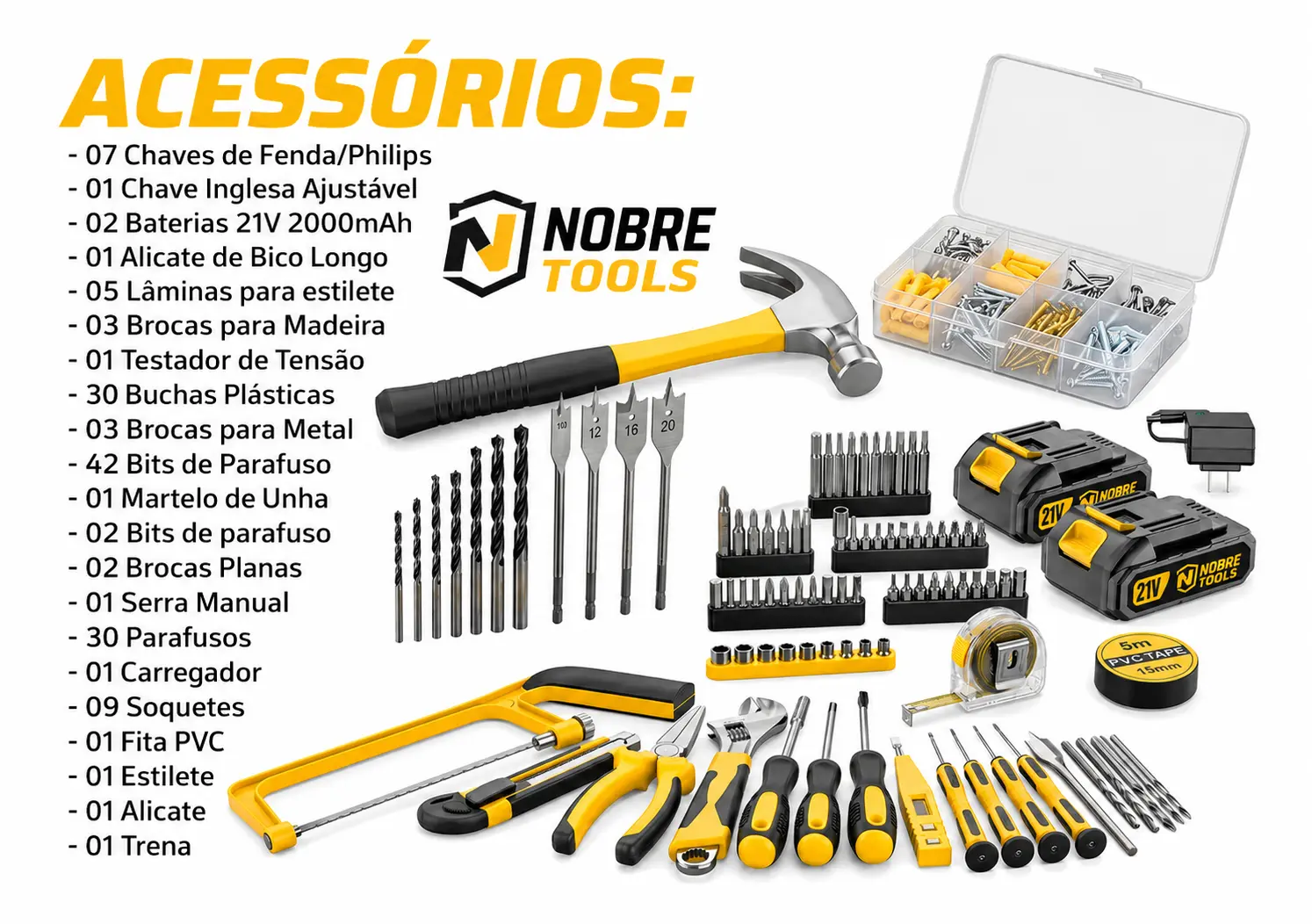 Lista completa dos 147 acessórios inclusos no kit NobreTools
